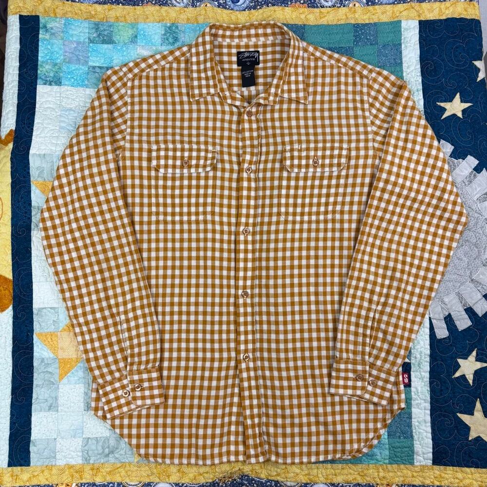 Stussy Authentic Yellow Orange White Checkered Gingham Button-up Flannel Shirt